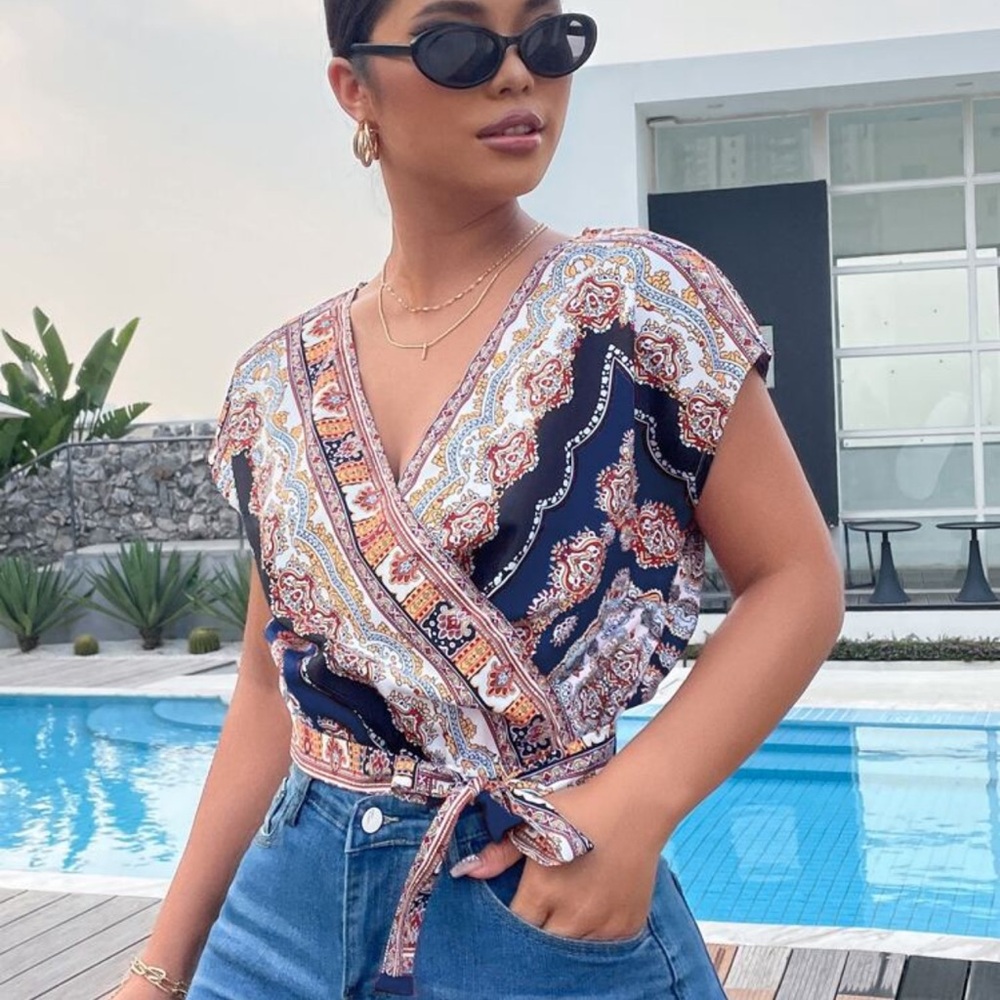 Bohemian Paisley Wrap Blouse - Navy and Multicolor